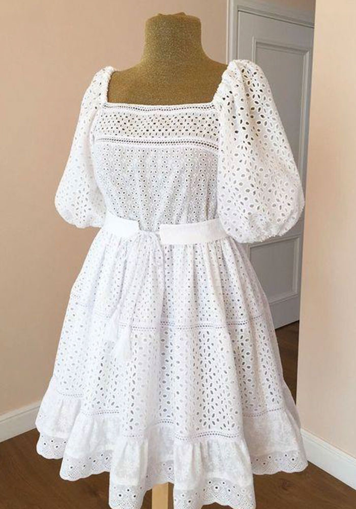 White cutwork cotton short dress