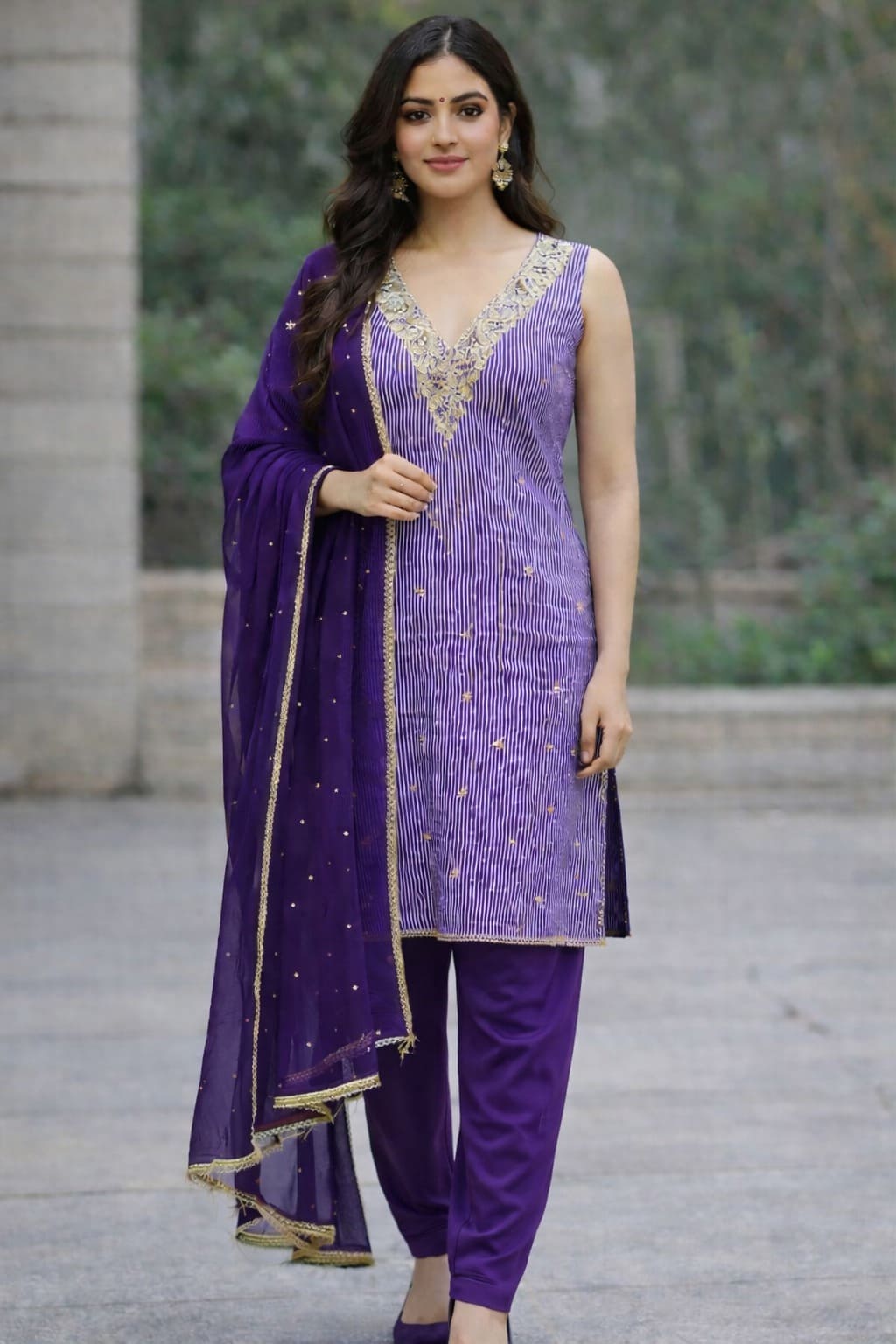 Royal Purple Striped Patiala Set