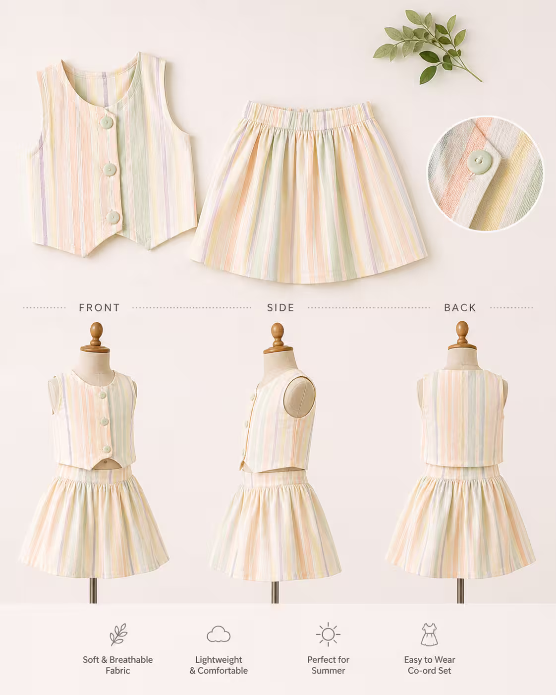 Pastel Striped Sleeveless Top & Skirt Co-ord Set for Girls