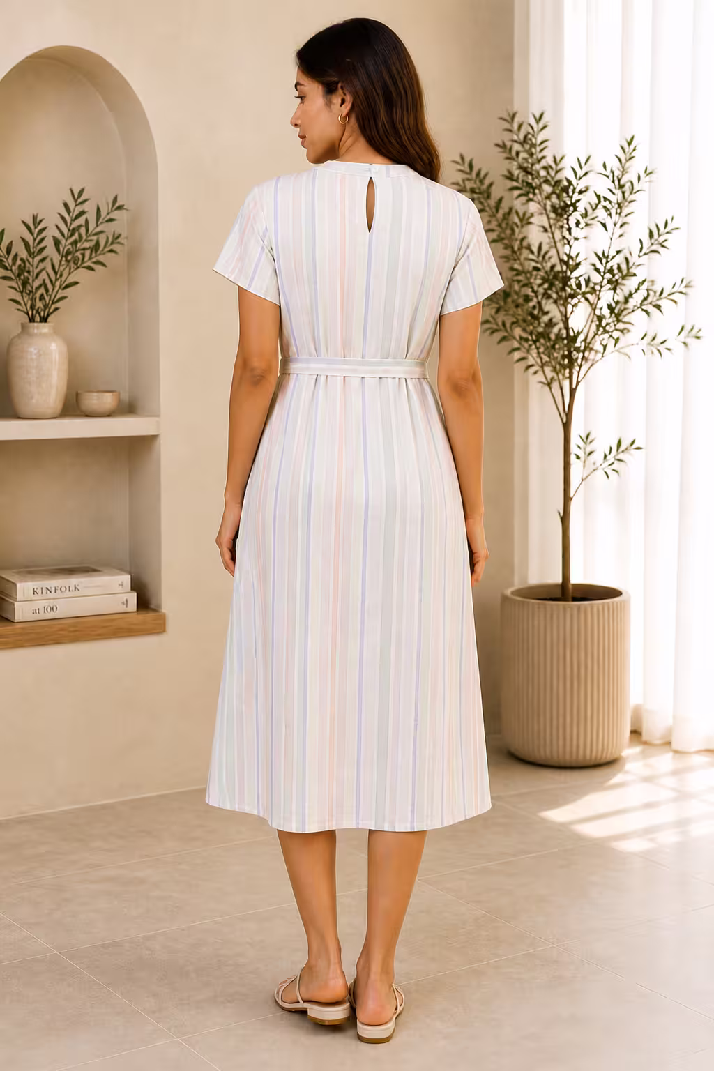 Pastel Striped Belted Midi Dress for Women